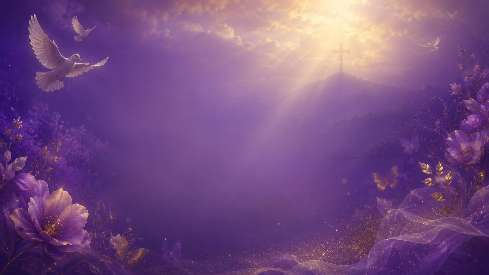 A spiritual scene with a glowing cross and butterflies